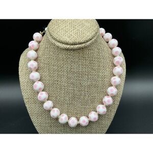 Vintage Pink Polka Dot Milk Glass Necklace White Round Beads Retro Mod 20"‎